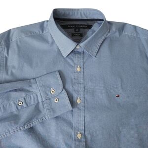 Tommy Hilfiger Mens Stretch Shirt Large Blue Micro Dot Long‎ Sleeve Button Down